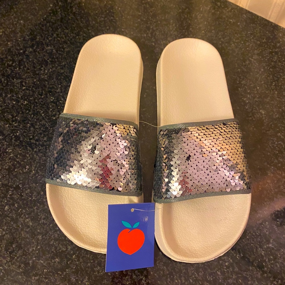 White and Charcoal Grey Sequinned Slides
